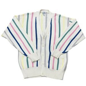 Neiman Marcus Grandpa Sweater Mens Size L Cardigan Cotton Striped 80s Colorful